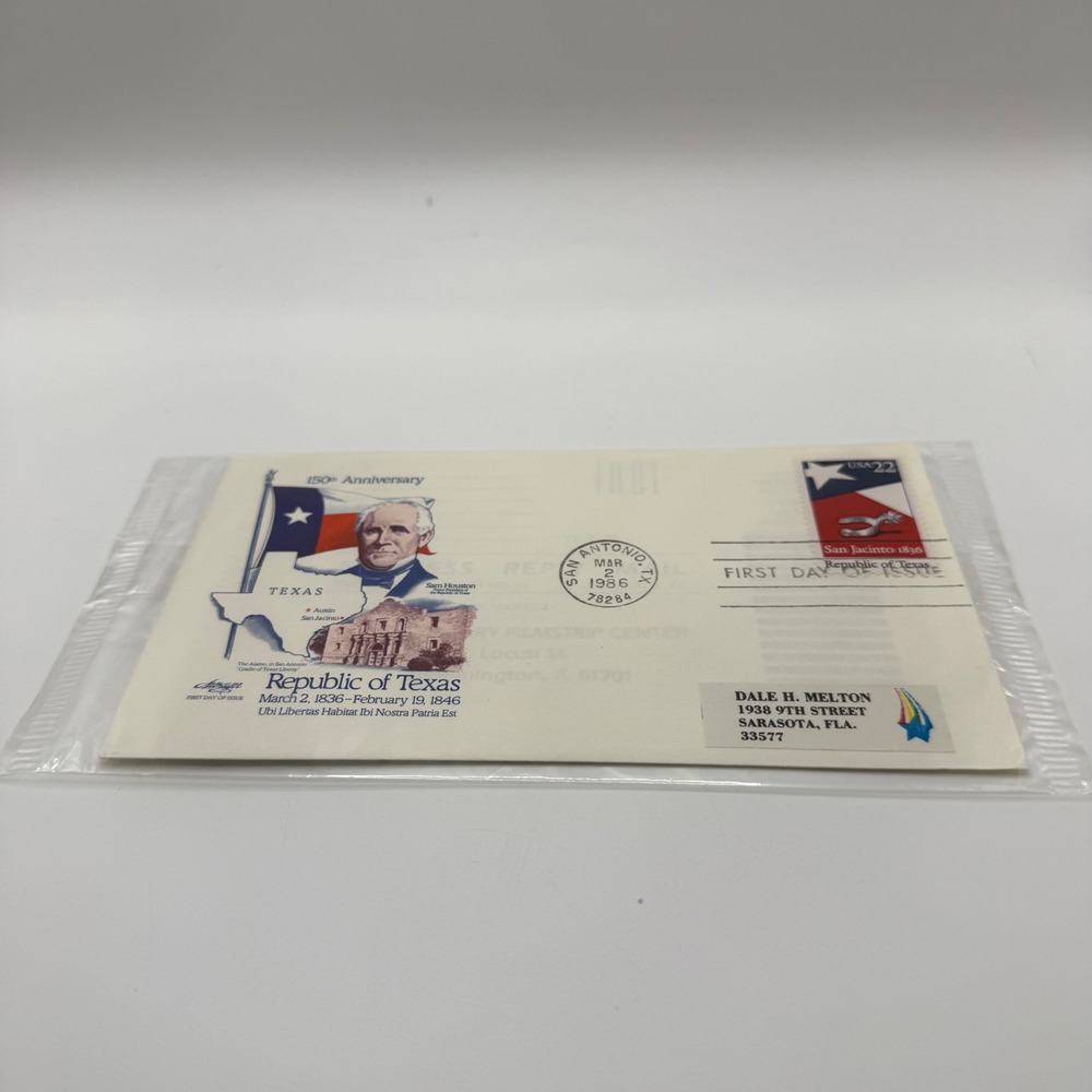 1986 Republic of Texas 150th Anniversary First Day Cover Sam Houston Alamo Stamp